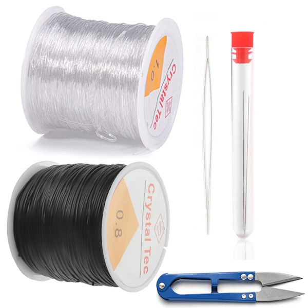 Plastikkrystall DIY Perletråd Elastisk Linje med Perlenåler Saks Wire Cord Smykke Tråd Streng Tråd 1.0mmX80M