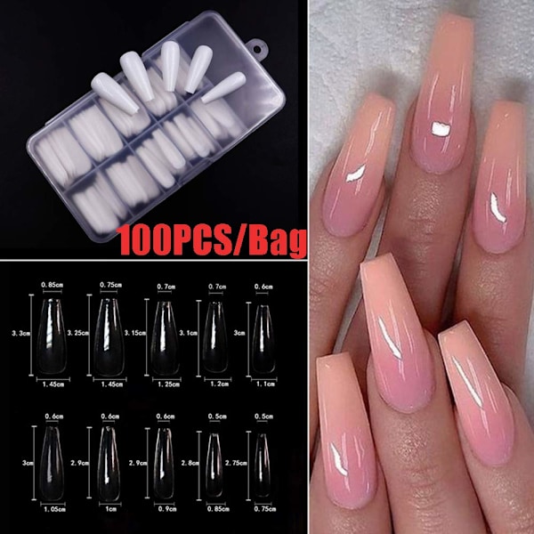 100 stk. Falske negle Akryl negle Cover Tips Coffin Manicure Ballerina Uv Gel Akryl negle Kit Værktøjer Falske White-100pcs