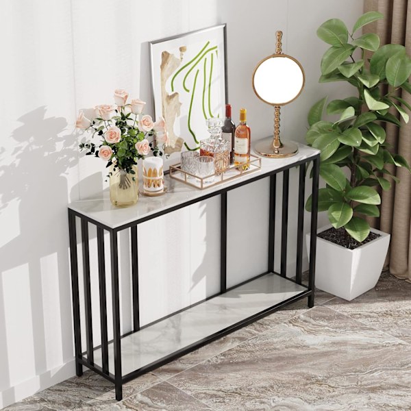 Wisfor 2-etasjers smalt sidebord, konsollbord, sidebord, 120x30x78cm, Marmor Svart Ramme Høy Moderne Sofa Oppbevaring Sidebord Stue