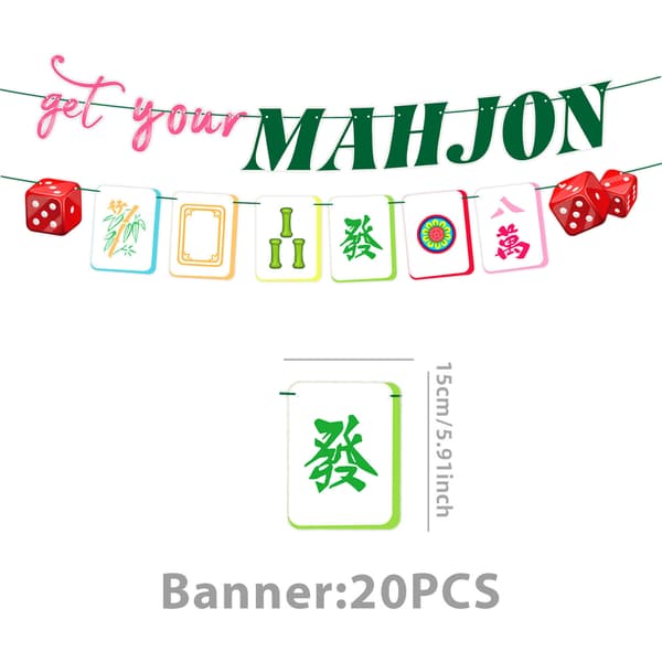 Mahjong-temafest Engangsservisesett med vimpelbanner, papptallerkener, kopper, servietter for bursdagsfeiring 4pcs