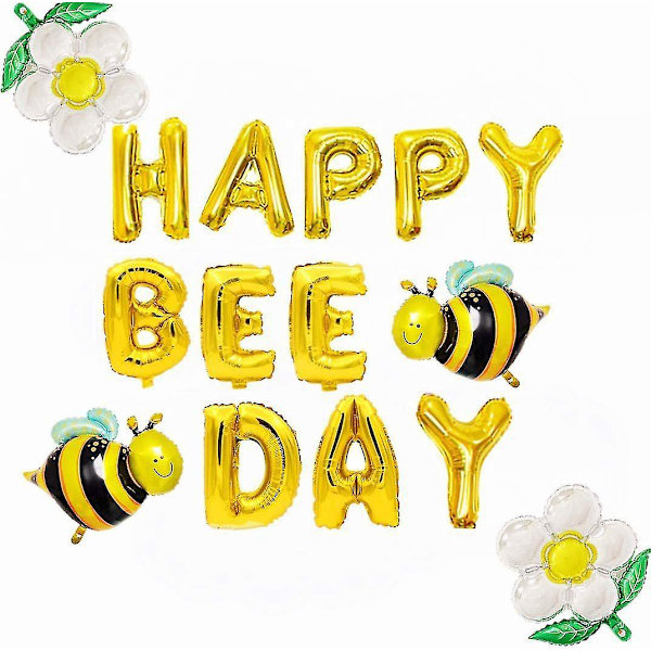 Ghyt Happy Bee Day Ballongsett - 32 tommer, Bieballong for søte bie-bursdagsdekorasjoner