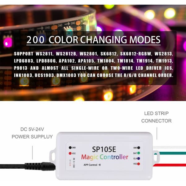Trådløs Bluetooth-controller SP105E APP WS2811 WS2812B WS2801 SK6812 APA102 Individuelt adresserbar programmerbar LED-pixelmodul striplys DC5V