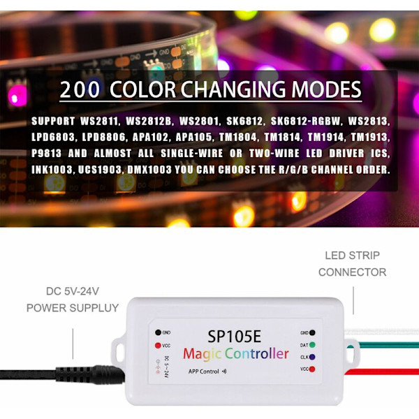 Trådlös Bluetooth-kontroller SP105E APP WS2811 WS2812B WS2801 SK6812 APA102 Individuellt adresserbar programmerbar LED-pixelmodul Strip Light DC5V