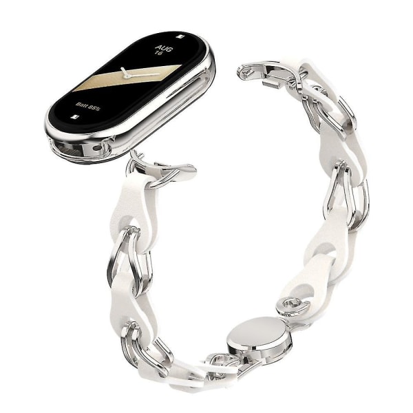 För Xiaomi Smart Band 8 Magnetic Watch Band Äkta kolläder + Kedjearmband av aluminiumlegering White