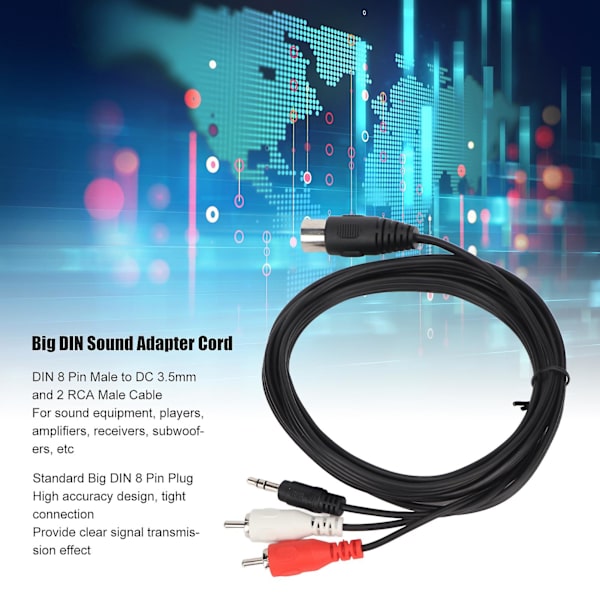 DIN 8-ben til 3,5 mm 2 RCA-kabel Han til Han Stor DIN-lydadapterledning til forstærker, receiver, subwoofer 1,8 m Solid Normal