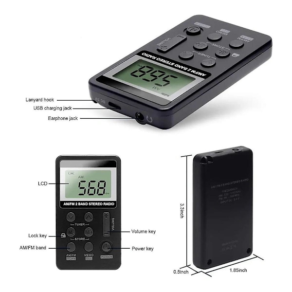 Bærbar radio FM/am dobbeltbånds stereo digital bærbar miniradiomottaker med LCD-skjermopplasting