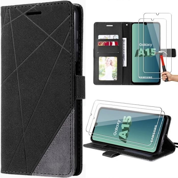 Case for Samsung Galaxy A15 5G-4G + 2 Tempered Glass, Black Foldable Retro Leather Effect and TPU Interior