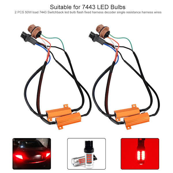 2 stk 50W Last LED Lys Enkelt Modstandskabel, 7443 8RJ Enkelt Modstandskabel