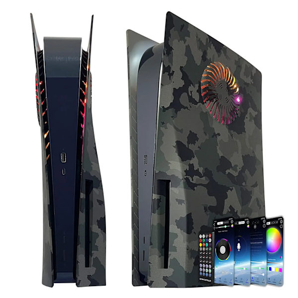 Skal med kylventiler med RGB-ljusremsa 400+ effekter LED-ljusring Konsolskydd för PlayStation 5 Disc Edition Camouflage Led