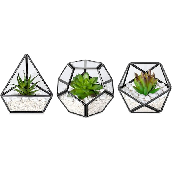 Kunstige sukkulenter i 3-pakning Mini glass geometrisk terrarium, miniatyr potteplanter falsk plante bokhylle skrivebord boho kontor rom dekor for kvinner jenter sovesal
