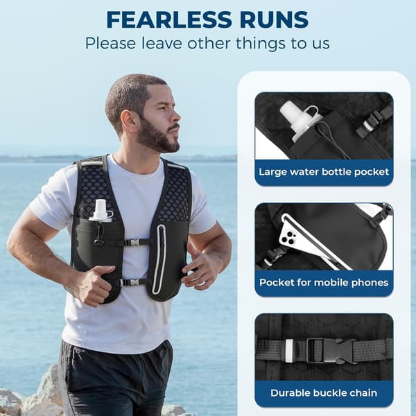 Unisex løbevest med reflekterende striber og en justerbar reflekterende hydreringspakke. Black