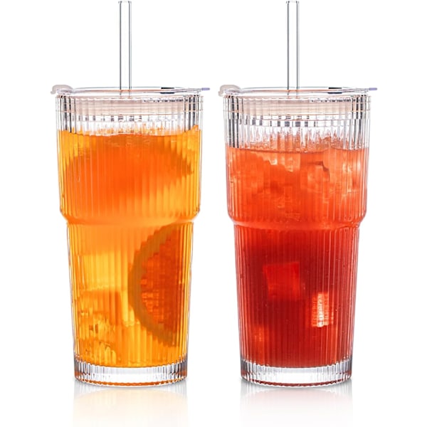 2 STK 600ML Ribbede Glas Tumblere med Låg og Glas Sugerør Kaffekop
