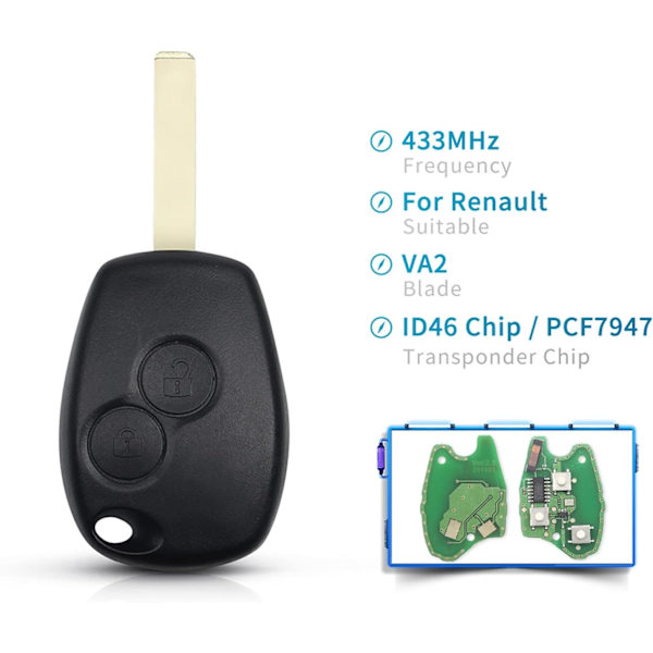 Knapper 433 Mhz Fjernbetjening Bilnøgle Skall med PCF7947 Chip VA2 Klinge til Ren-ault Kangoo 2 Clio 3 Duster Modus Twingo DACIA Logan
