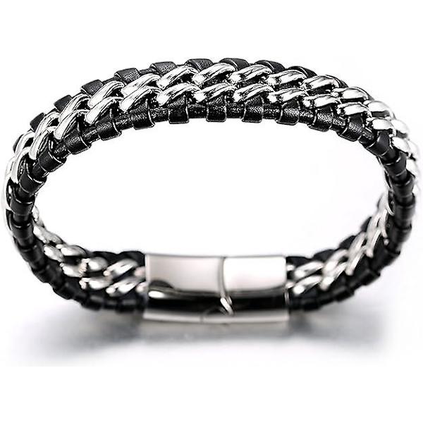 Hantverksgjorda armband för pojkar | Äkta svart läder | Magnetiskt lås i rostfritt stål i silver | Med titan kedja i guld