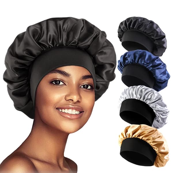 Satinhette for kvinner, ensfarget, med bred brem, natthette for soving og bading, unisex hodeinnpakning, elastisk bånd, hårpleiehette Gold One Size