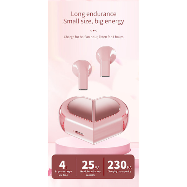 Hjärtformade TWS-hörlurar Trådlösa öronsnäckor med mikrofon In-ear-hörlurar pink