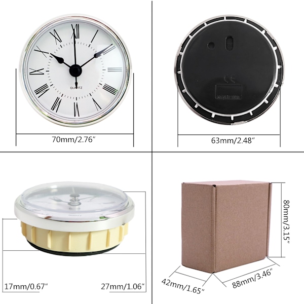 2,8 tum/70 mm Urtavfall Rund Kvartsrörelse Klocka Vit Urtavla Silverfärgad Båge Romerska Siffror Passar 63 mm Håldiameter