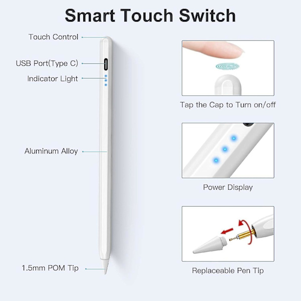 Stylus Pen Kompatibel med Apple Ipad (2018-2022), Palm Rejection og Tilt Detection, Aktiv Pen til Ipad Air 5/4/3 Gen, Ipad 9/8/7/6 Gen, Ipad Pr