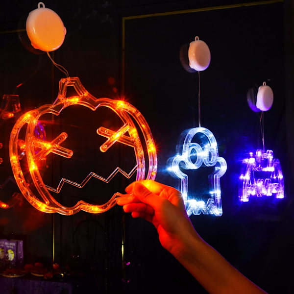 Halloween 3-pak Orange Græskar, Hvid Spøgelse, Lilla Flagermus Halloween Vindue Lys med Sugeskål, Batteridrevet Halloween Lys, Timerfunktion