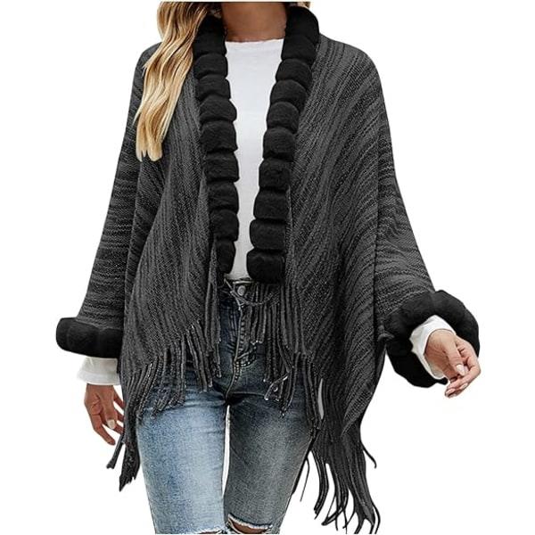 Universal varm poncho for kvinner - svart, elegant frynser av kunstull