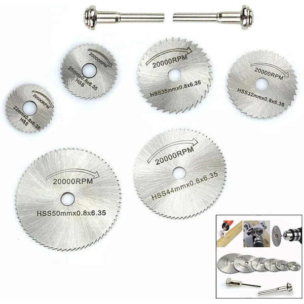 Set of 8 Dremel cutting discs, mini cutting discs with diamonds, HSS circular saw blades for wood