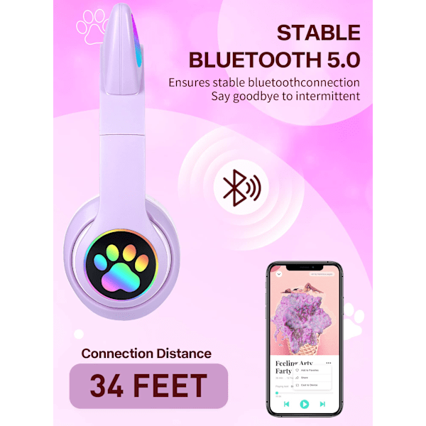 Flash Light Cute Cat Ears Langattomat Kuulokkeet Mikrofonilla Voi Ohjata LED Violetti