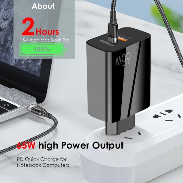 65W GaN hurtiglader med USB C-kabel, til mobil og MacBook Pro