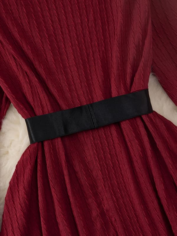 Plus Size Julkväll Swingklänning Långärmad V-ringad Jacquard med Bälte Burgundy 1XL