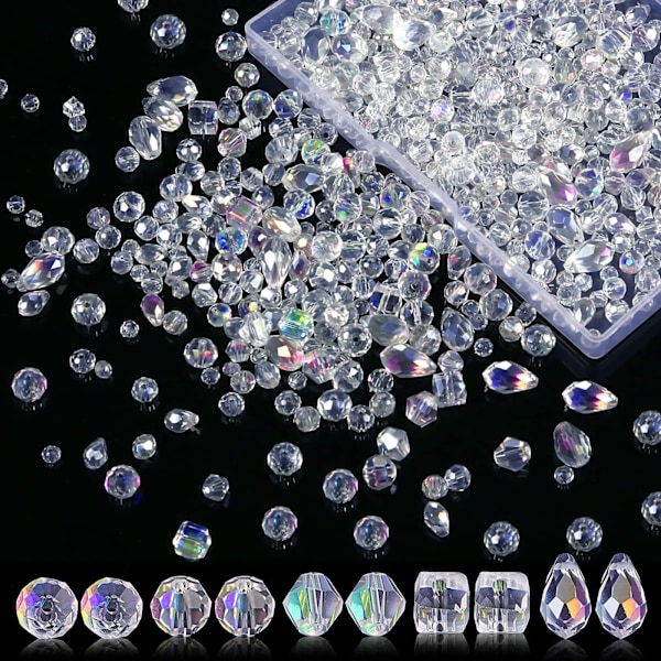 Pakke med 600 Facetterede Perler, 4/6/8mm Krystalglas Perler, Perler til Trådning, Glitter Perler, Klart Krystalglas med Beholder til Håndværk,