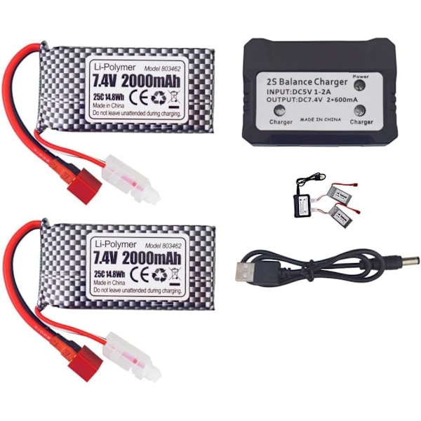 Set med 2 LiPo-batterier 7,4V 2000mAh, T-kontakt, 2-i-1-laddare | Lämplig för RC 9200, 9200E, 200E, 9202E, HM101, 9125, S920, S921, HB101[qb]