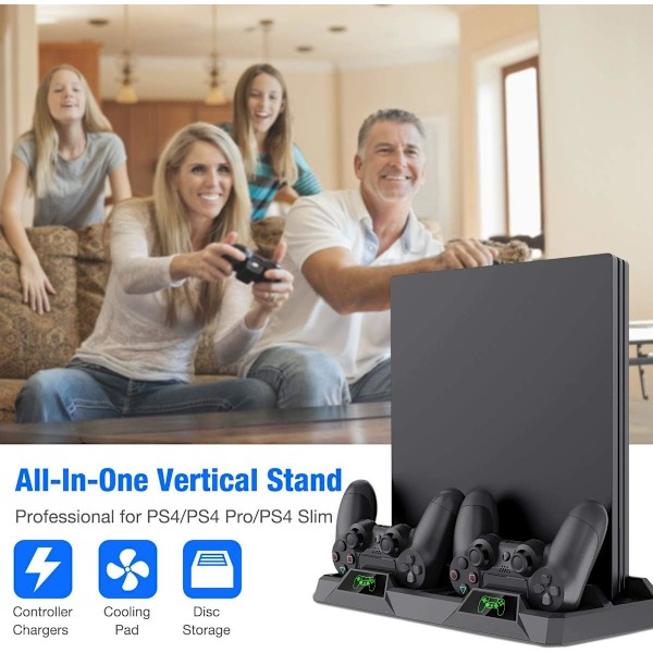 PS4 Vertikalställ, All-in-One PS4 Vertikalställ Hållare Fläkt för Playstation 4 Pro/Slim, PS4 Controller Laddningsstation