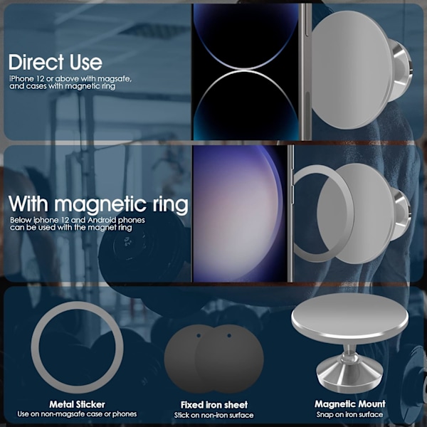 Oppgradert magnetisk telefonholder for treningsstudio, dobbel magnet med sterk magnet, festes enkelt og stabilt på metalloverflater for alle telefoner for videoer og