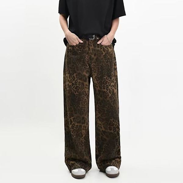 Brun Leopard Jeans Dame Jeans Bukser Dame Oversize Bukser med brede ben leopard print leopard print 2XL