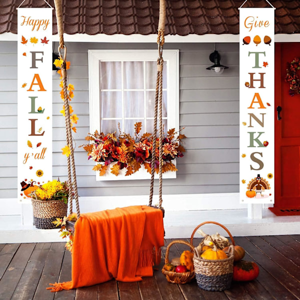 Happy Fall & Give Thanks Verandabanners för Höstdekorationer Inomhus och Utomhus | Höst Välkommenskylt för Hemmets Veranda Framdörr Dekor