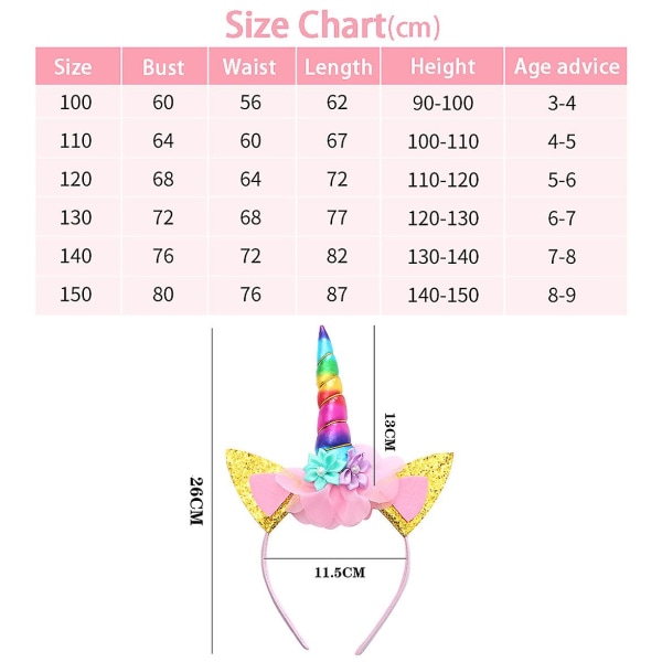Rainbow Unicorn Princess Dress Up Kläder för flickor 100cm