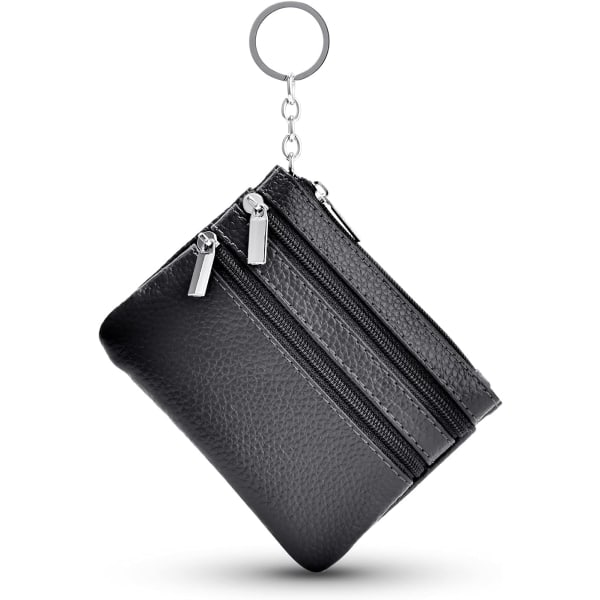 Liten plånbok i äkta läder för kvinnor med korthållare och tre dragkedjor för kvinnor Män Barn Flickor Pojkar Mini myntplånbok black
