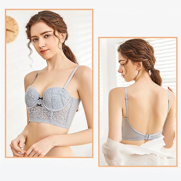 Låg rygg BH Djup V-hals Sexig Spets Rygglös Bralette Gray 85B