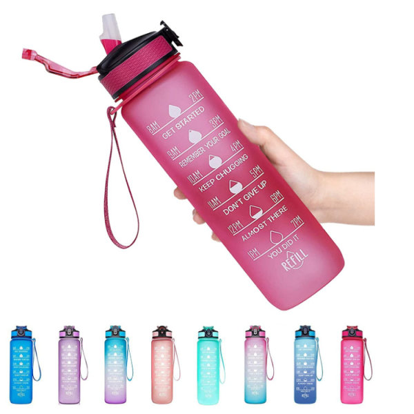 1000ml Sports Time Marker Outdoor Fitness Mugg Gradient Rose red