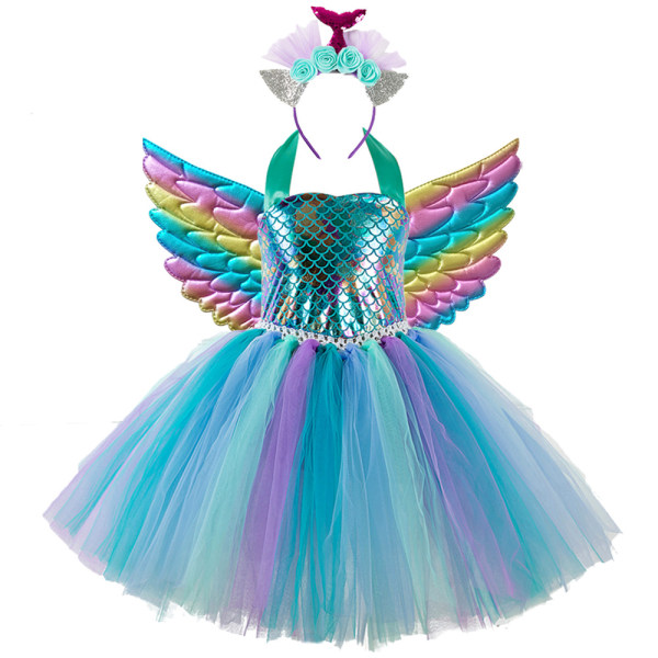Flickor klär klänningar, skicka vingar fiskfjäll mönster, pösiga klänningar festival prestanda klänning tutu 10-12T