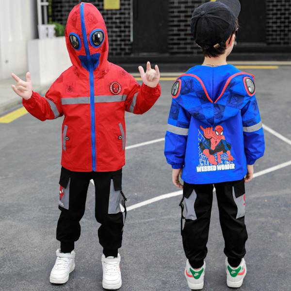 Spider man pojkar huva jacka set barns reflekterande vindjacka höstkappa Blå Red 110 cm