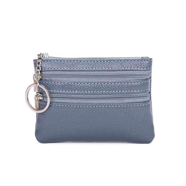 Liten plånbok i äkta läder för kvinnor med korthållare och tre dragkedjor för kvinnor Män Barn Flickor Pojkar Mini myntplånbok blue
