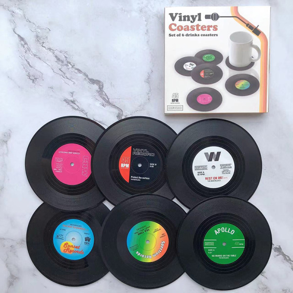 6st glasunderlägg för drycker Retro skiva vinyl skivunderlägg Black