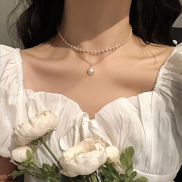 Kpop Pearl Choker Necklace e Double Layer Necklace Pendant Gold