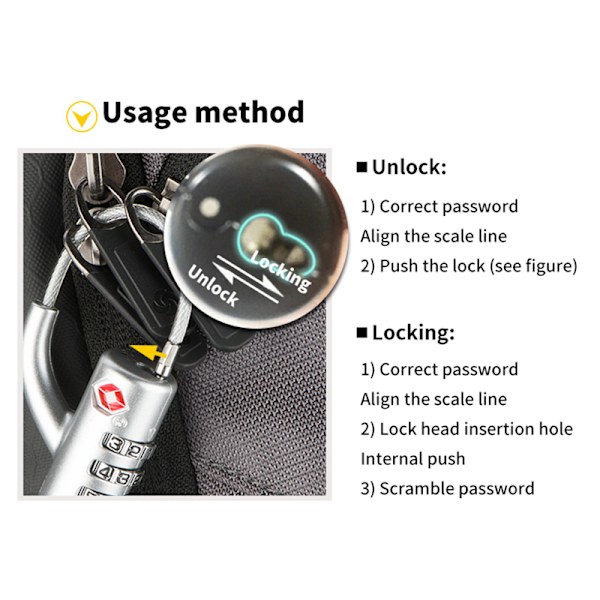 Bärbar säkerhet TSA Customs Code Lock Lösenord Stålkabel Silver