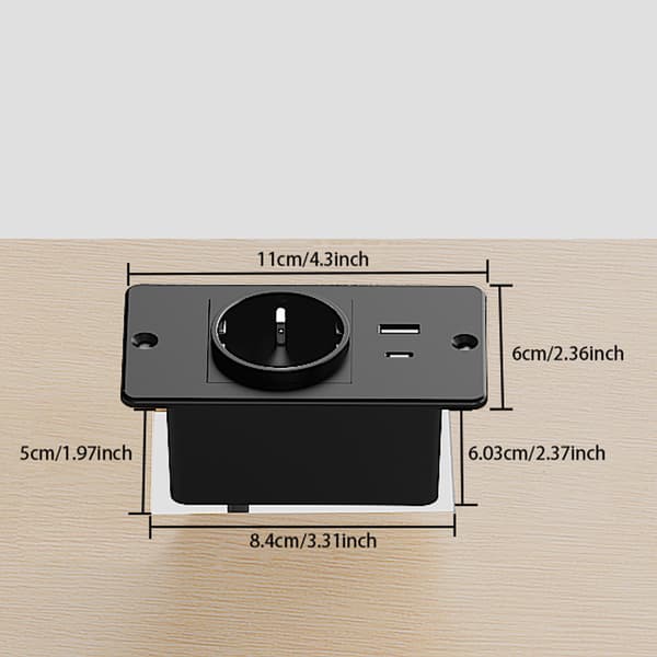 Innfelt møbelstrømuttak 1 Schuko-kontakt med USB-A USB-C-porter, innebygd strømenhet for arbeidsstasjon nattbord sofa