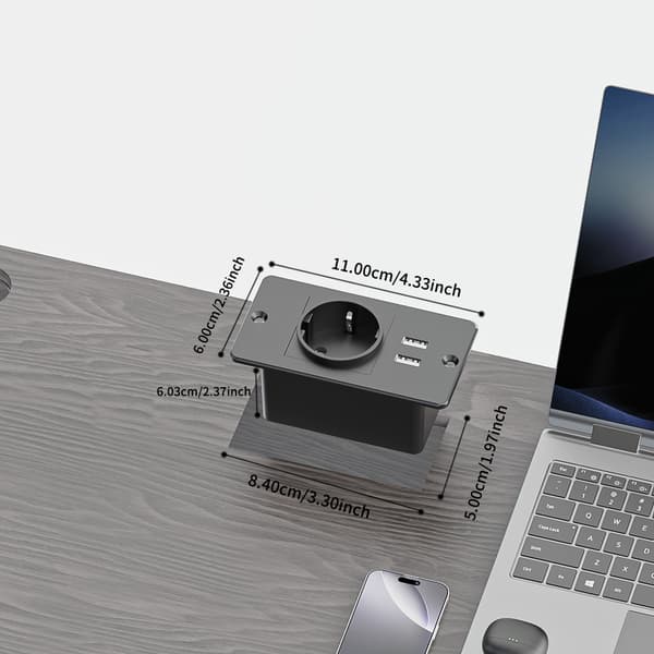 Indbygget møbelstikkontakt 1 Schuko-stik med dobbelte USB-A-porte, indbygget skrivebordsstrømmodul til bordplade med tilsluttet strømkabel