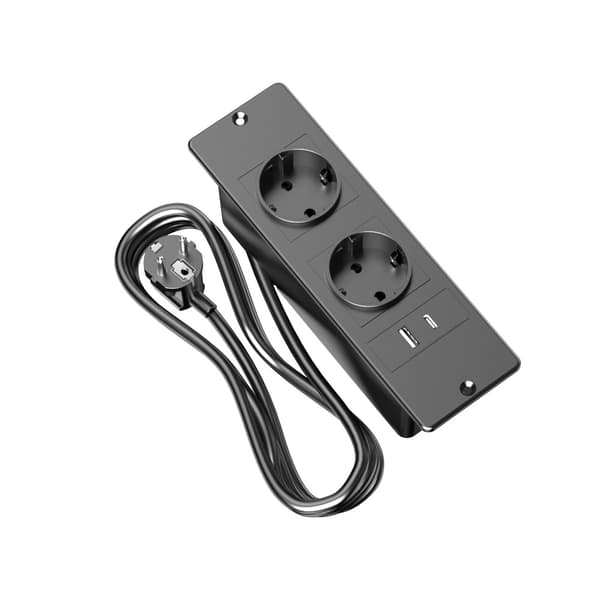 Indbygget stikdåse med 2 Schuko-stik og USB-A- og USB-C-port, indbygget møbelstik til skrivebord, skab, sofa, med strømkabel