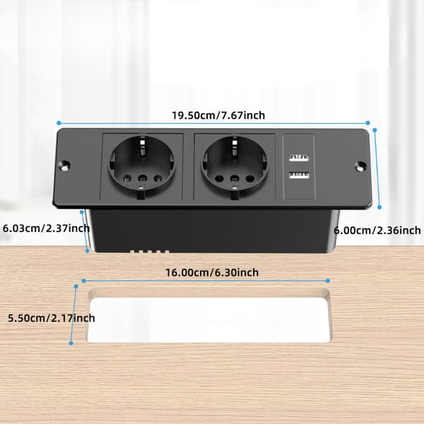 Innfelt strømskinne 2 Schuko-uttak med doble USB-A-porter, innebygd møbelstrømuttak for skrivebordsskapsofa, med strømledning