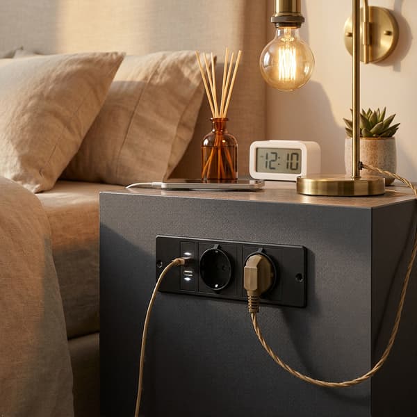 Innfelt strømskinne 2 Schuko-uttak med doble USB-A-porter, innebygd møbelstrømuttak for skrivebordsskapsofa, med strømledning
