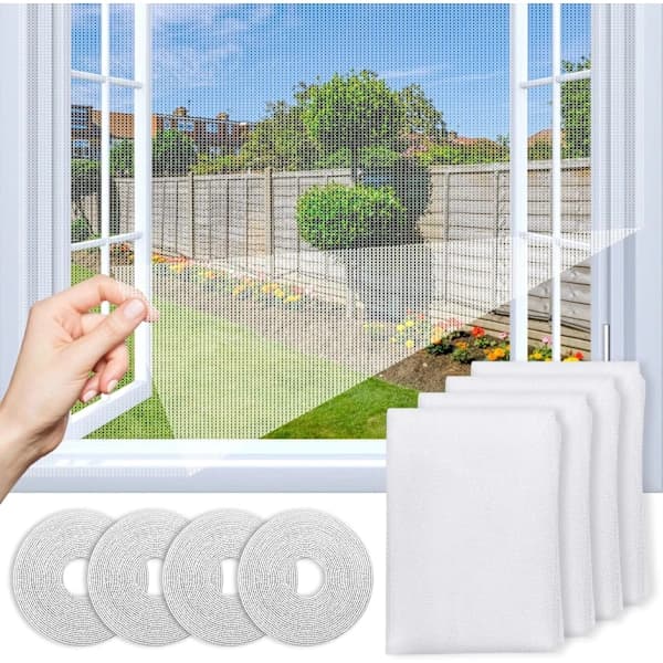 Window Mosquito Net Set of 4, Cuttable Fine Mesh Insect Screen in Polyester with Self-Adhesive Tape for Home Windows, White 130 x 150 cm